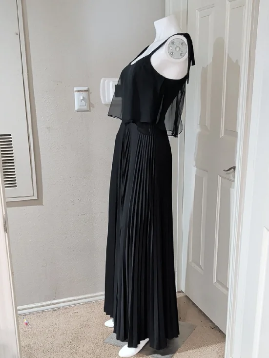 Vintage JT Dress Co Elegant Black Pleated Maxi Dress with Sheer Overlay Women 10 - Picture 2 of 8